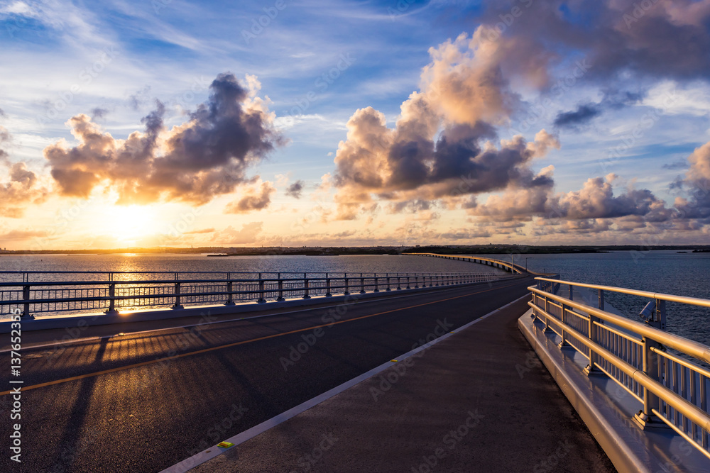 Sunrise, bridge, landscape. Okinawa, Japan, Asia.

