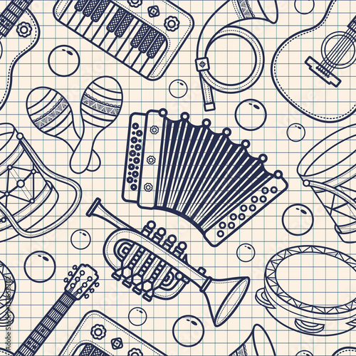 Musical instrument.  Seamless monochrome pattern. Vector ornament.