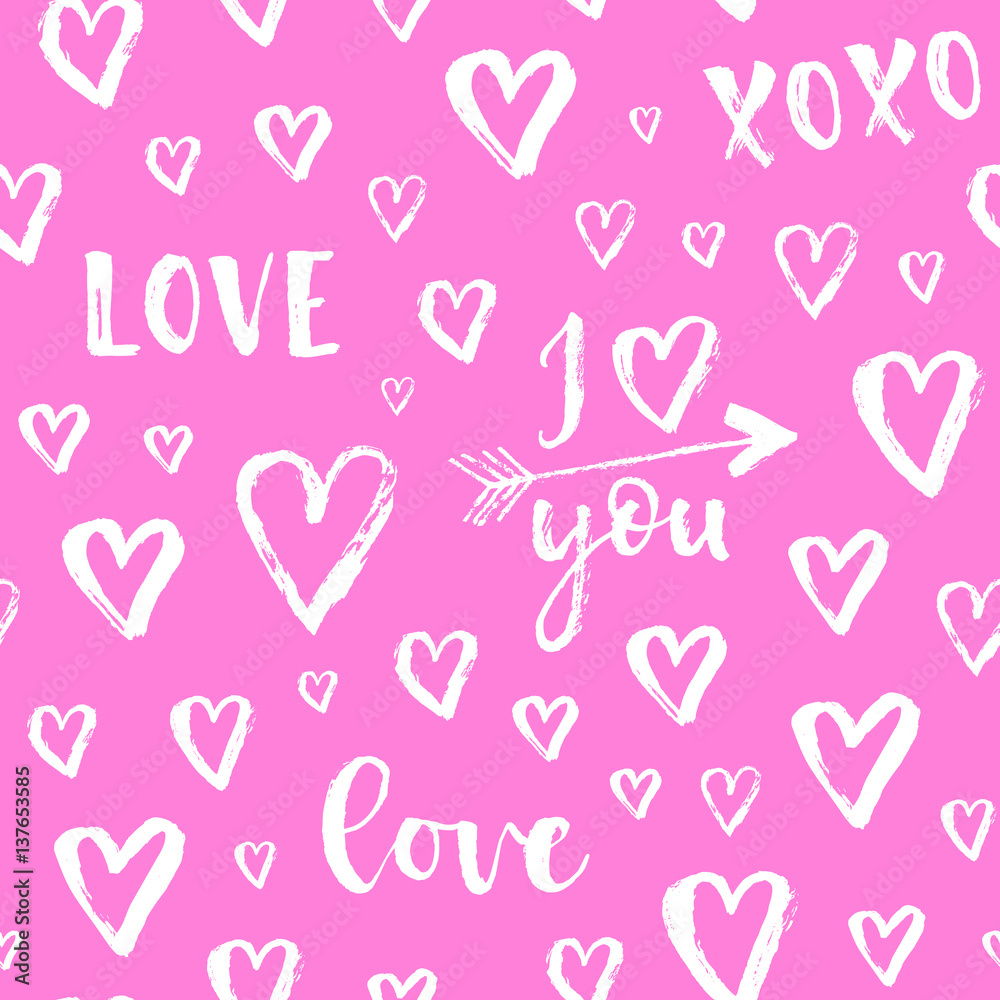 Vector fashion seamless pattern with hearts on Happy Valentines Day. Doodle style