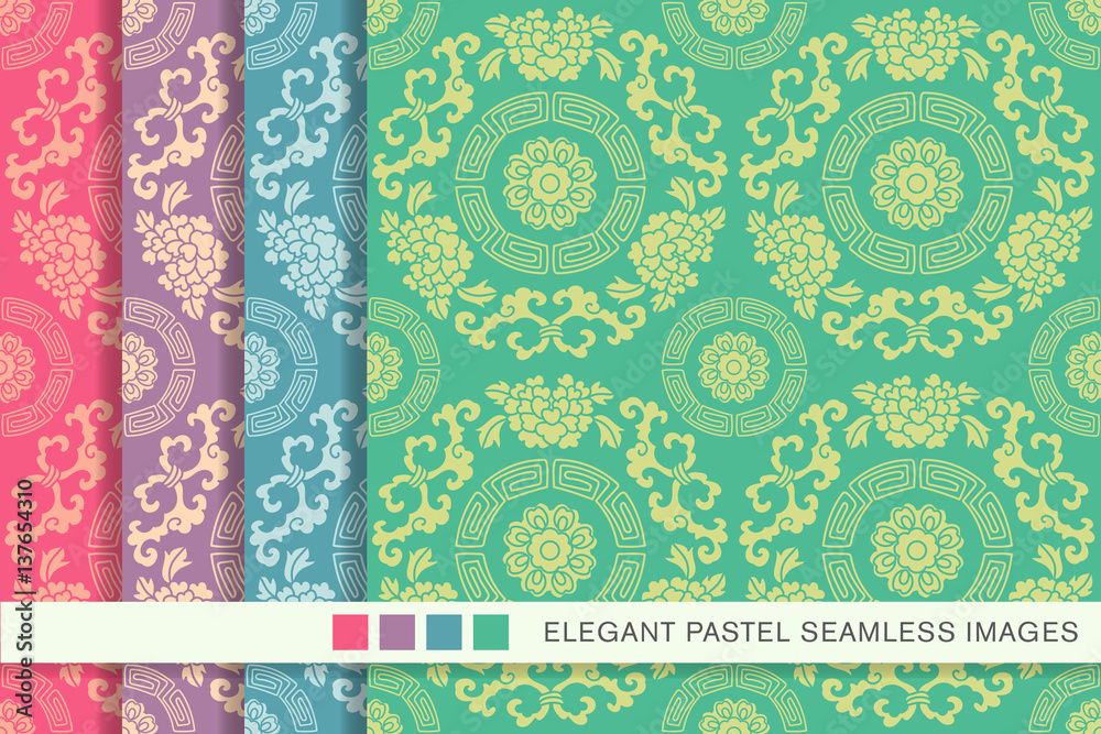 Elegant seamless pastel background set round spiral frame flower vine
