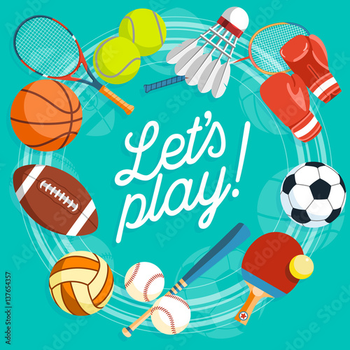 Set of colorful sport balls and gaming items at a turquoise background. Balls for rugby, volleyball, basketball, football, baseball, tennis and badminton shuttlecock. Healthy lifestyle tools, elements