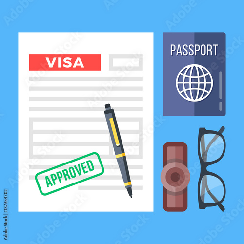 Approved visa application, passport, stamp, pen and glasses set. Flat design graphic elements, flat icons set. Top view. Vector illustration