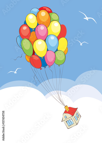 Travel without leaving home / Vector illustration, house flies on a bunch of balloons