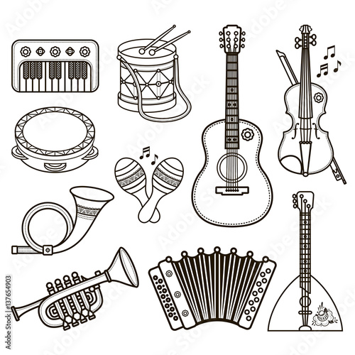 Musical instruments. Design set Monochrome vector.