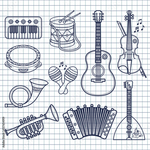 Musical instrument.  Seamless monochrome pattern. Vector ornament.