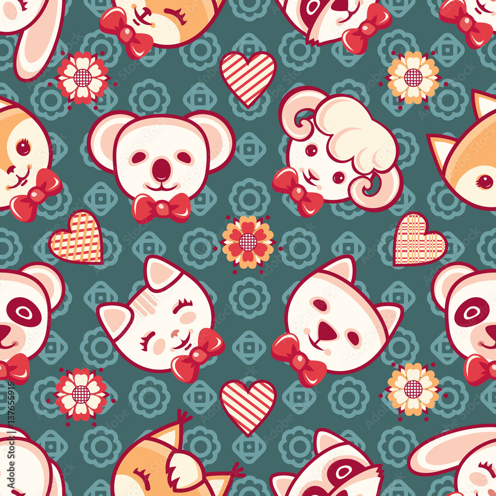 Cute little animals. Seamless pattern. Colorful background with characters