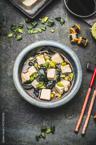 Bowl of Japanese miso soup , top view