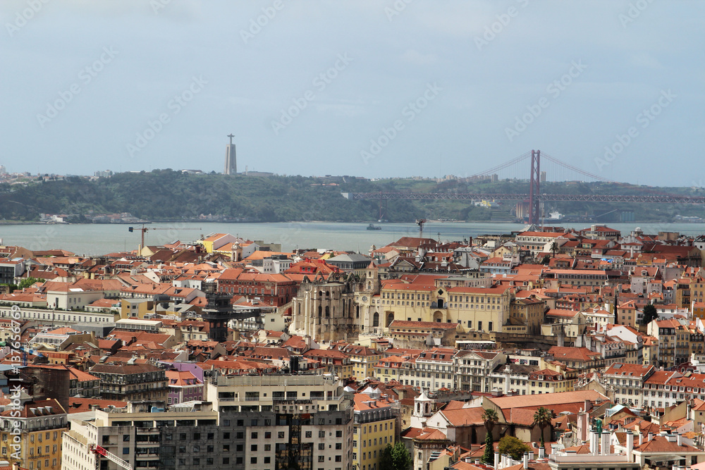 Lisbon Historical City and 25th of April Bridge Panorama, Portugal 