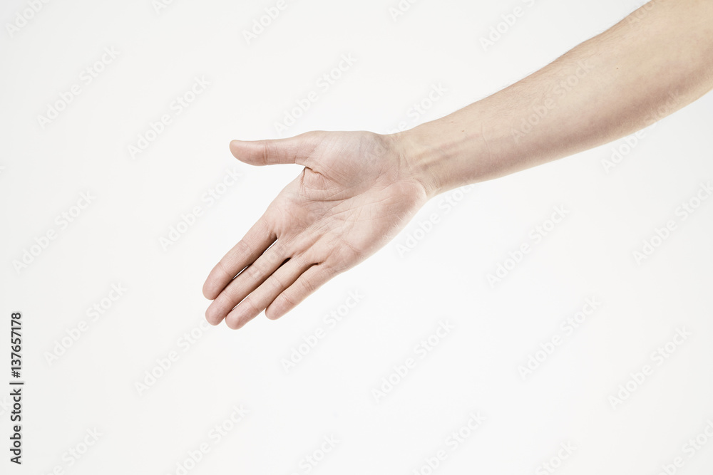 Man's open hand  isolated on white background, long fingers