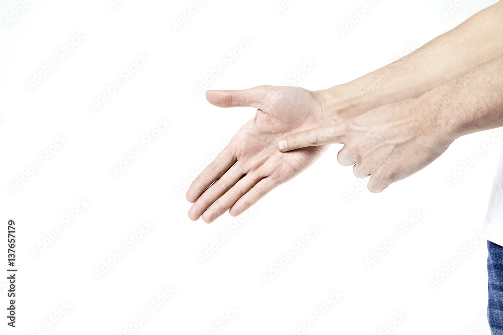 Man's hand point with a finger isolated on white, open hand, two hands together