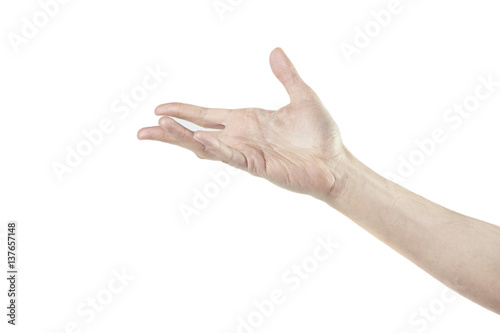 Man's hand isolated on white, open hand horizontal