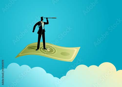 Businessman with telescope flying on banknote