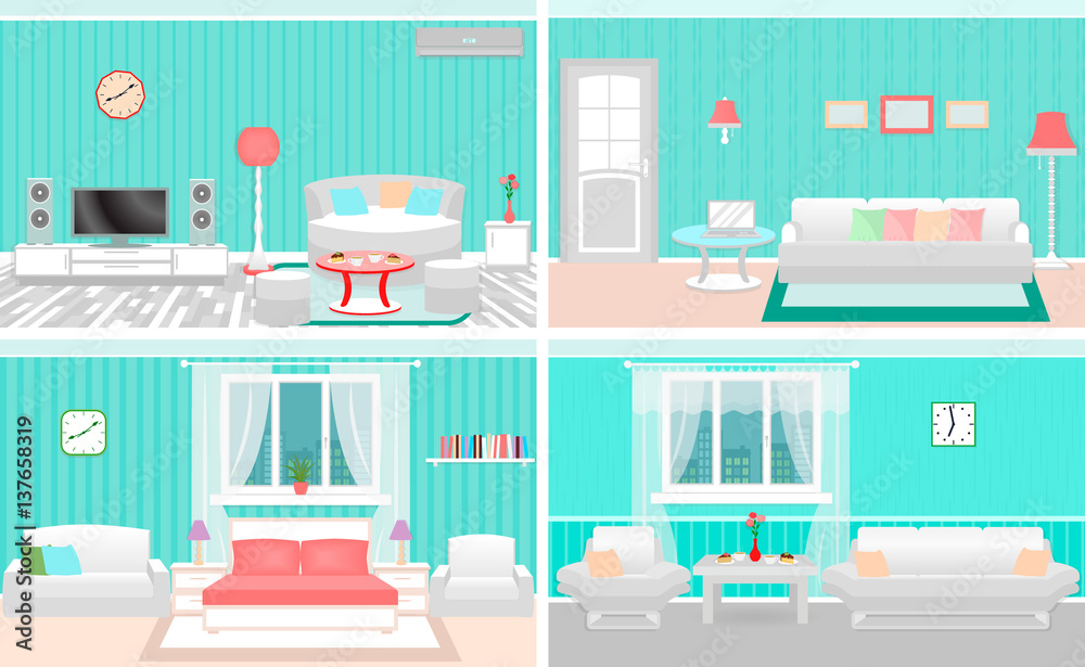 Living room interiors set. Bedroom and hall design with furniture. Fully editable.