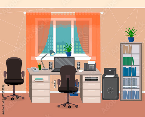 Office interior workspace with furniture and stationery. Workplace organization in home environment.