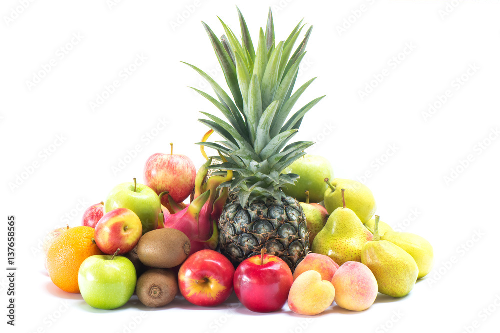 Various fresh fruits and vegetables isolated on white background Various fresh fruits and vegetables isolated on white background