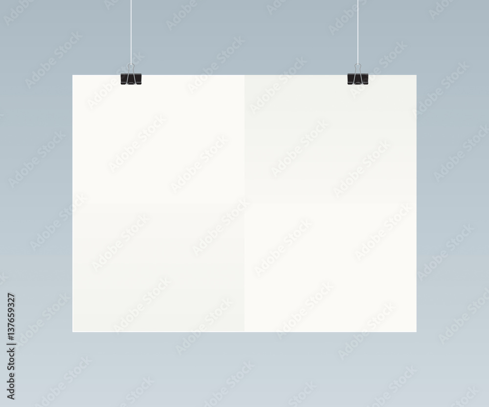 White horizontal poster template hanging on clips, isolated on background. Poster realistic mokcup. White horizontal poster template hanging on clips, isolated on background. Poster realistic mokcup.