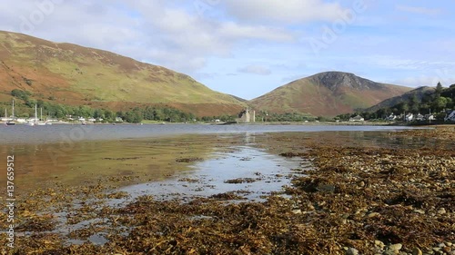 Peak of Torr Nead an Eoin and Lochranza Castle with Loch Ranza, Isle of Arran Scotland photo