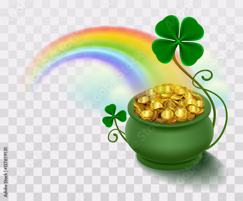 Fotografia Rainbow, green leaf lucky clover and pot full of gold
