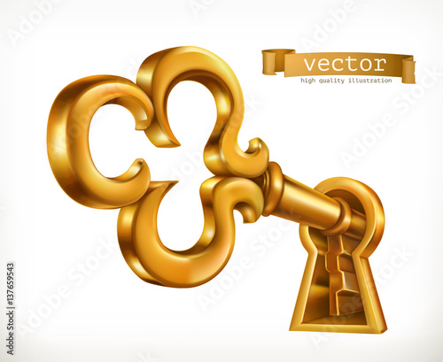 Golden key in keyhole, 3d vector icon