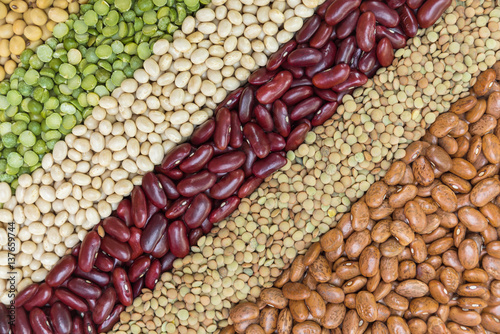 Multicolor dired legumes for diagonal background, Different dry bean for eating healthy