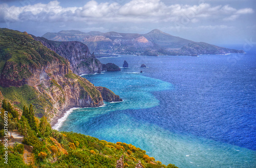 Lipari island, Italy, beautiful view on Vulcano island from Lipari island photo