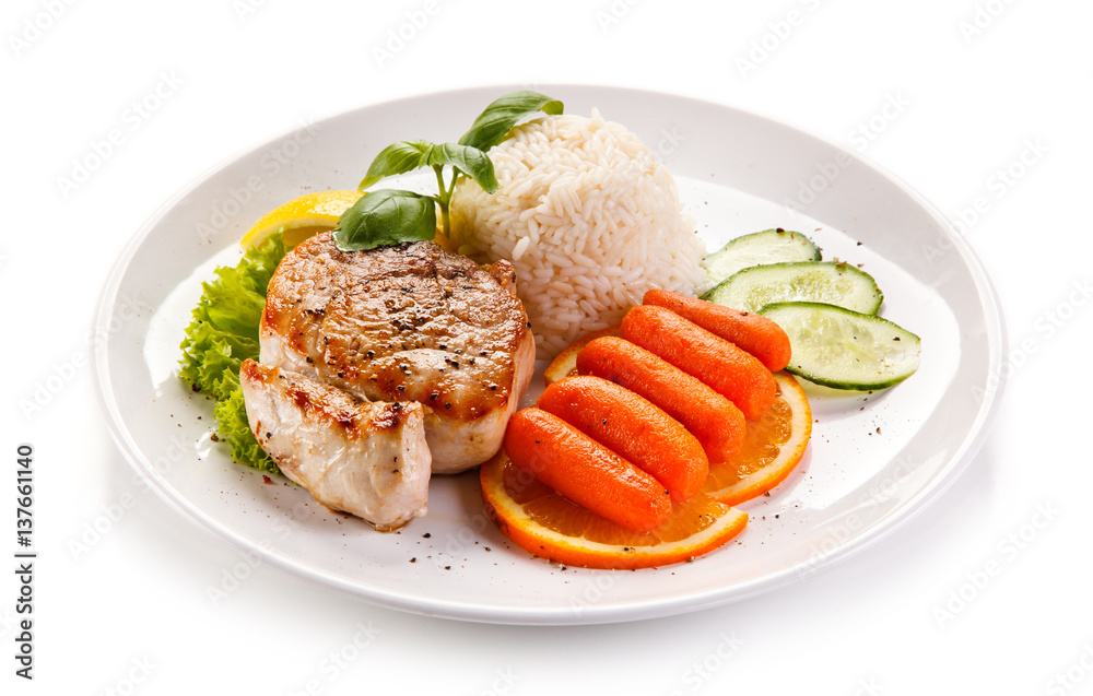Grilled steaks, rice and vegetables Grilled steaks, rice and vegetables