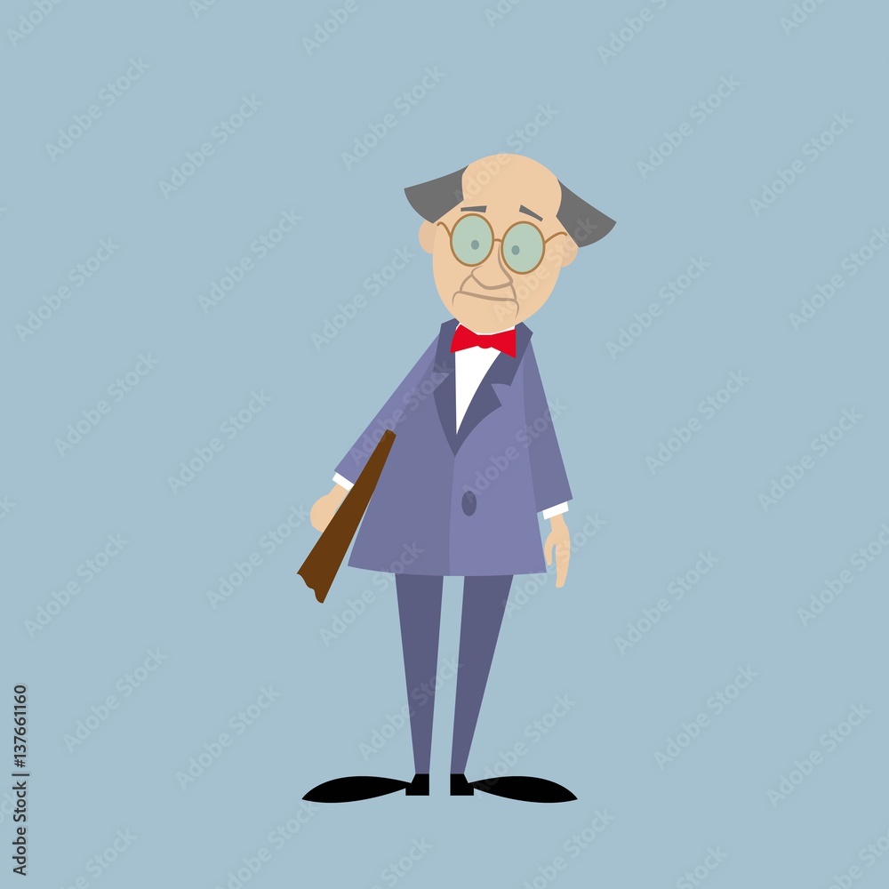 clever old Professor with glasses, holding a folder. cartoon character. Vector