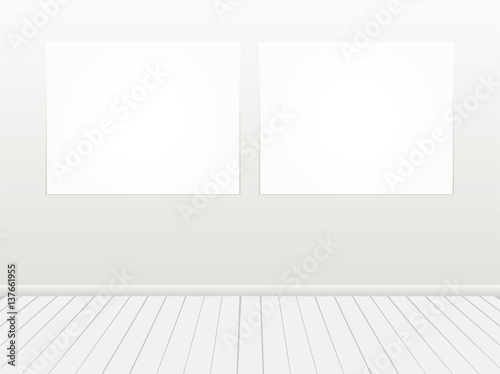 Two Vector Empty Blank White Mock Up Posters on a Wall with Floor a Front View.