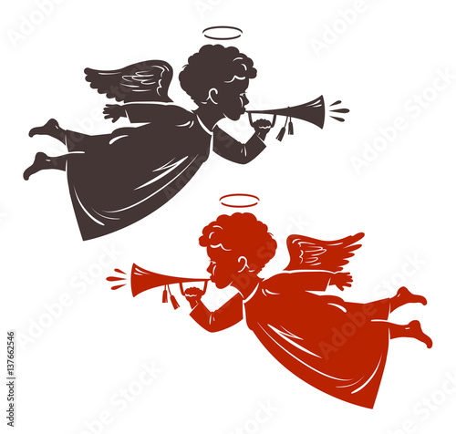 Christmas Angel plays the trumpet. Silhouette, vector illustration