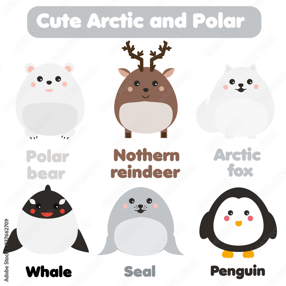 Cute kawaii arctic and polar animals. Children style, isolated design  elements, vector. Seal, whale, penguin Stock Vector