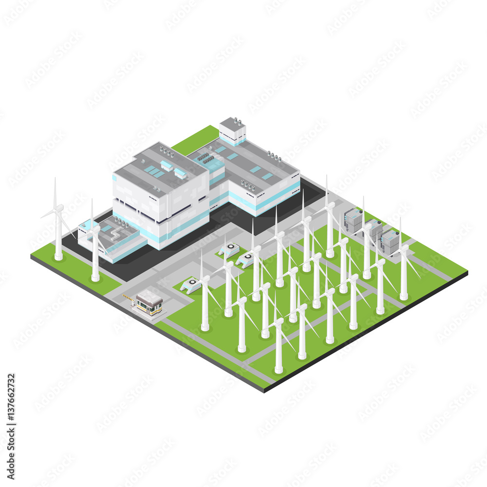 Isometric modern wind farm station.
Factory facility on land harvesting renewable energy. Isometric modern wind farm station.
Factory facility on land harvesting renewable energy.