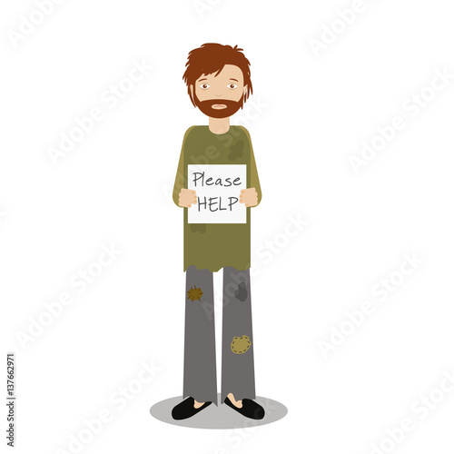 Homeless man begging for help. Vector illustration