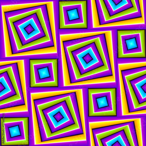 Violet background with colorful squares (motion illusion). Seamless pattern.