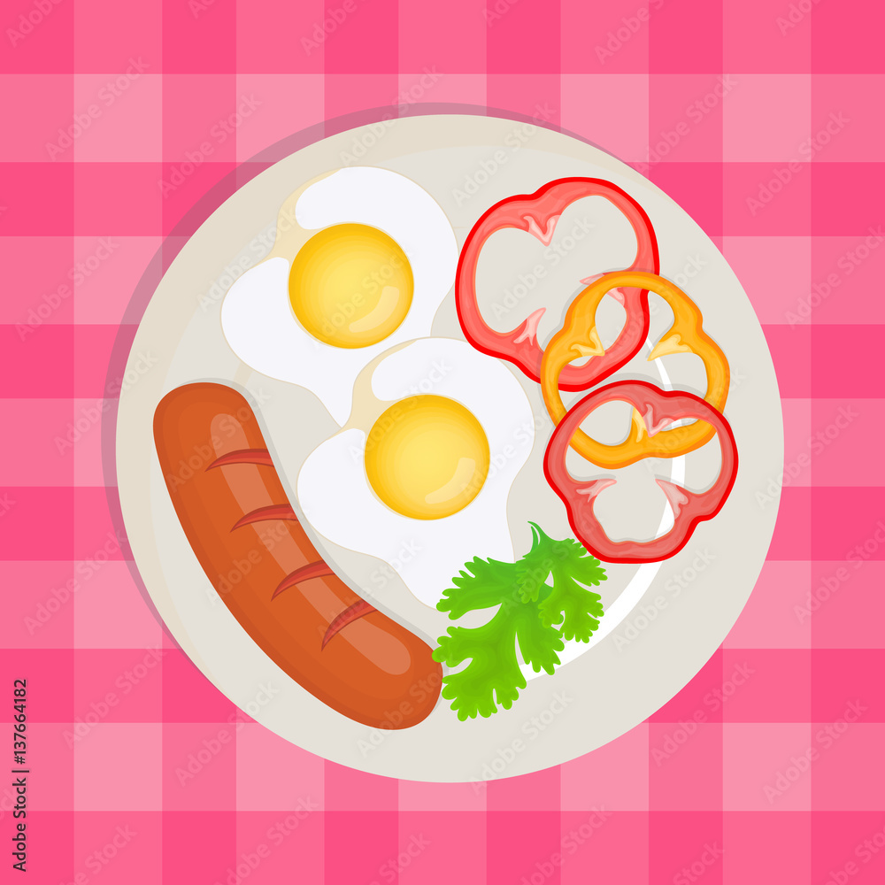 Image plates on which there are scrambled eggs, fried sausage, pepper and two pieces of leaf parsley. Plate is on a pink tablecloth Image plates on which there are scrambled eggs, fried sausage, pepper and two pieces of leaf parsley. Plate is on a pink tablecloth