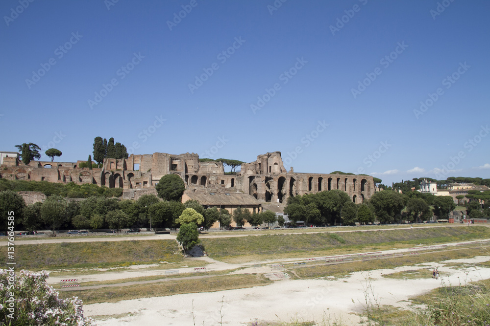 Circus Maximus, an ancient Roman chariot racing stadium and the ruins in the Palatine hill,in Rome, Italy