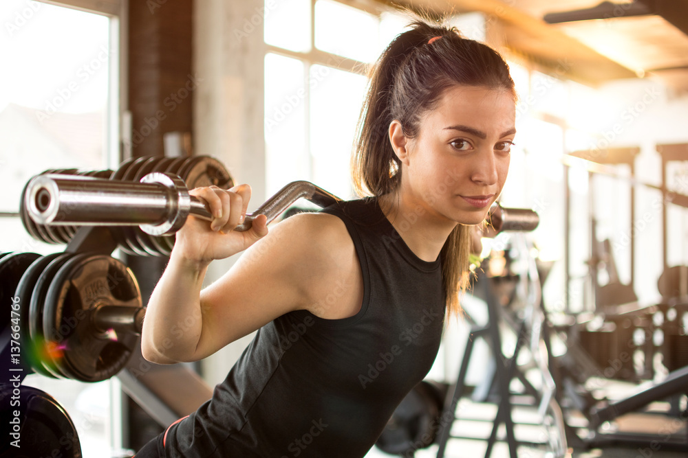Attractive fit woman in gym exercising with weights. Attractive fit woman in gym exercising with weights.