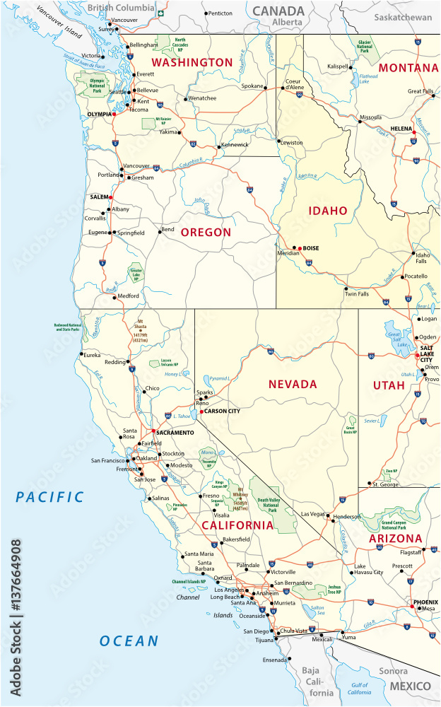 Roads, political and administrative map of the Western United States of America with National Parks