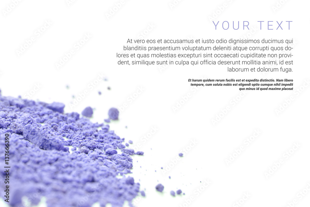 Makeup powder with text isolated on white background. Flyer, banner or catalog page concept.