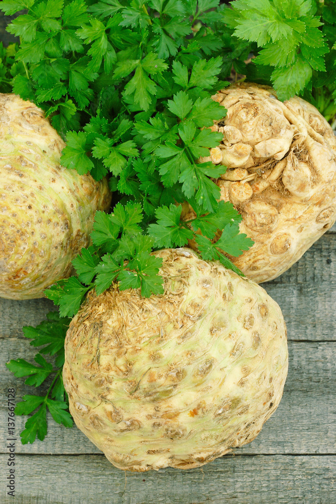Fototapeta premium Raw Celery Roots with green leaves on wooden background
