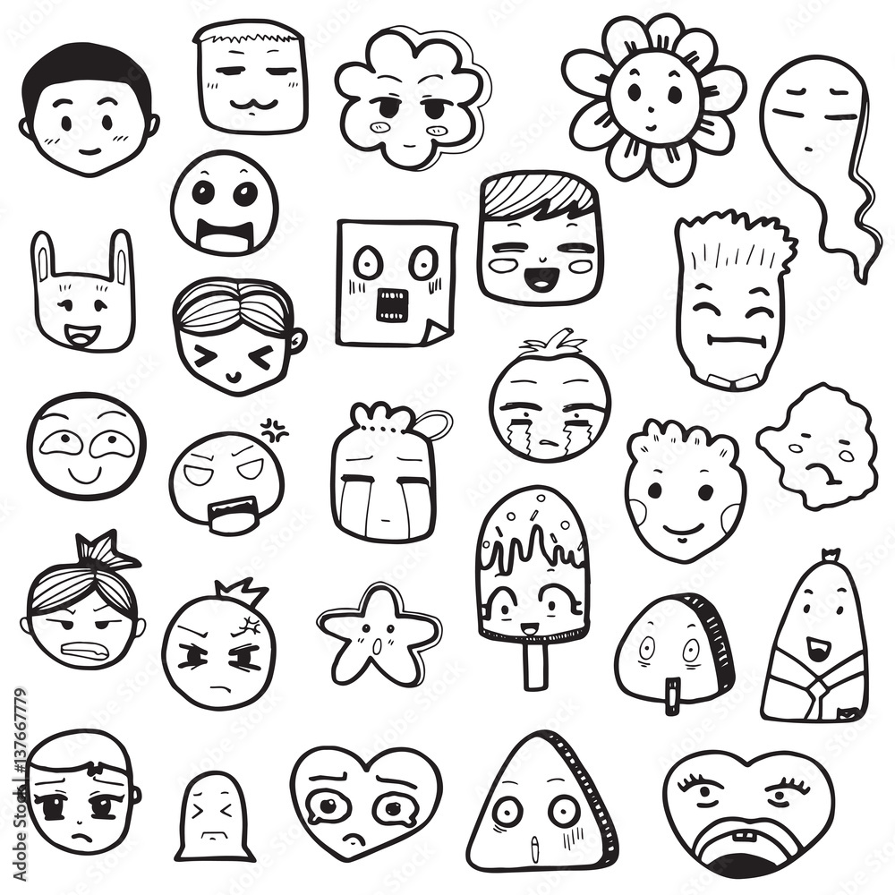 Set of hand drawn outline doodle emoticons vector illustration, Emoji face on white background Set of hand drawn outline doodle emoticons vector illustration, Emoji face on white background