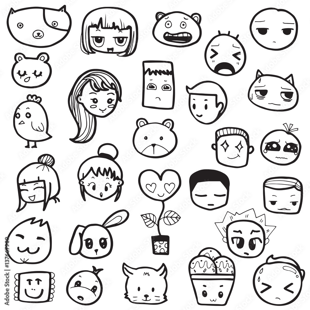 Set of hand drawn outline doodle emoticons vector illustration, Emoji face on white background