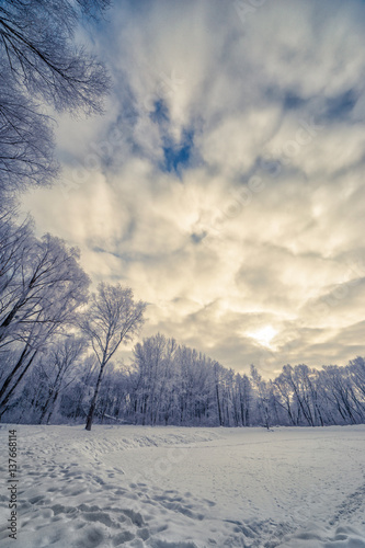 winter landscape with deep Amazing Clouds on Deep Blue Sky