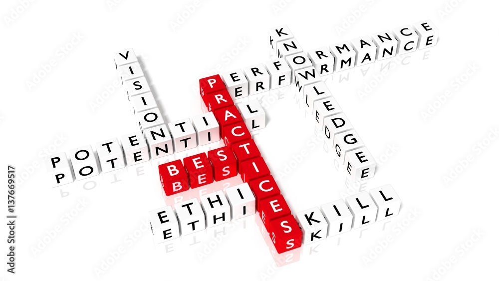 Crossword puzzle showing best practices components as dice Stock