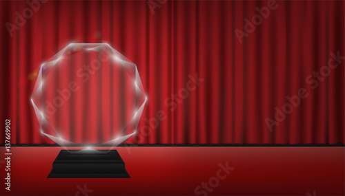 real 3d transparent acrylic trophy with red curtain stage background