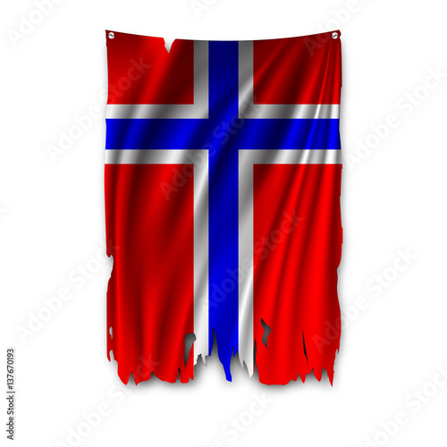 Torn by the wind national flag of Montenegro. Ragged. The wavy fabric on white background. Realistic vector illustration.