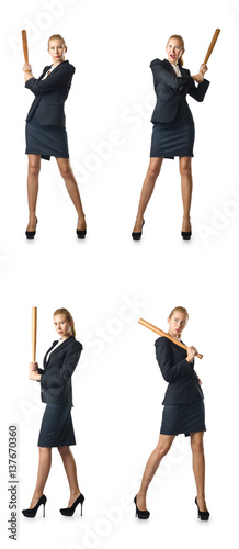 Businesswoman with baseball bat on white