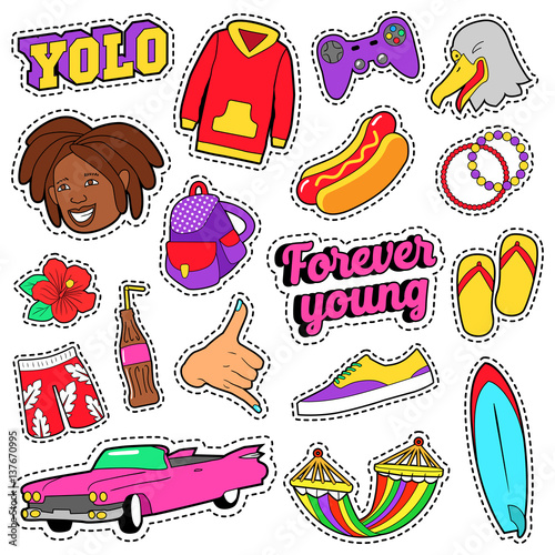 Teens Fashion Set with Pink Car, Fast Food and Colorful Clothes for Stickers, Badges. Vector doodle