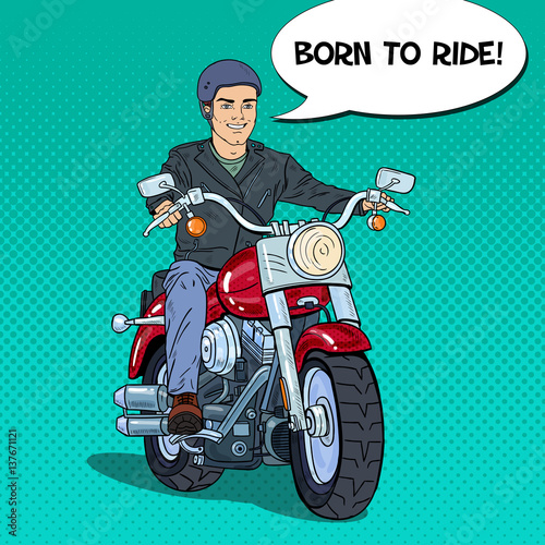 Pop Art Man Biker Riding a Chopper. Vector illustration