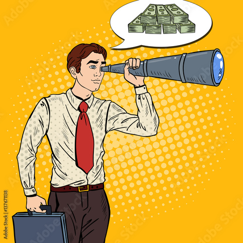 Pop Art Businessman Looking for Money in Spyglass. Vector illustration
