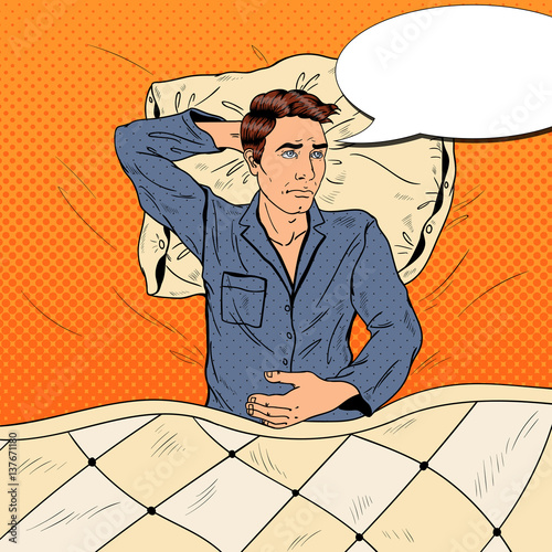 Pop Art Man in Bed Suffering Insomnia and Sleeplessness. Vector illustration
